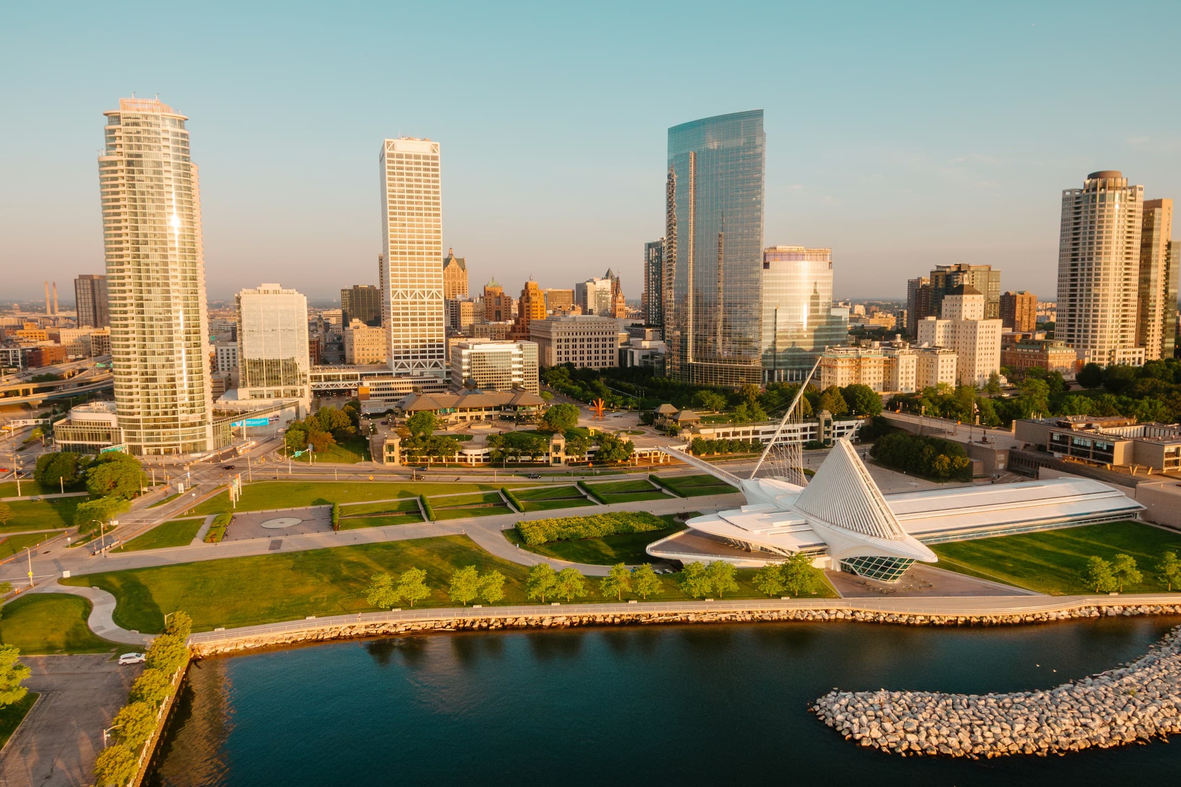 Sunrise over the Milwaukee skyline and Lake Michigan